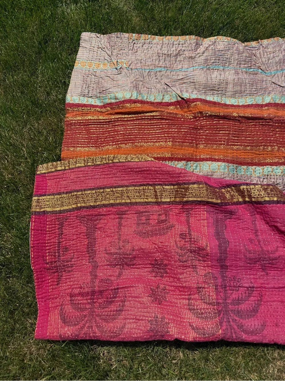 Vintage Kantha Quilt Hot Pink Gold Reversible Indian Hand Stitched Throw